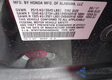 2017 Honda Pilot Ex-L z USA, uszkodzony, nr VIN 5FNYF5H5XHB036435